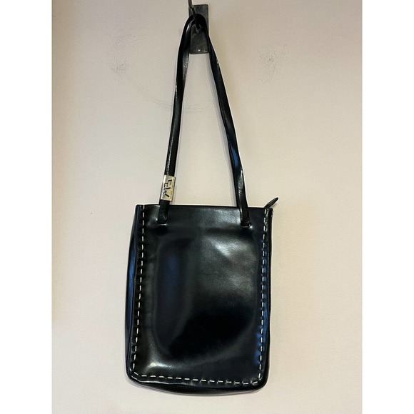 MINO BOSSI Structured Rectangular Bag Purse Black Leather Handmade Italy Stitch - Picture 1 of 7